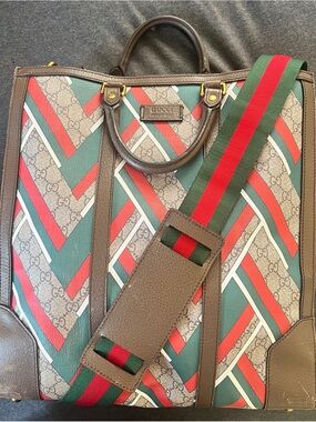 Gucci Brown GG Canvas Laptop Bag with Red and Green Striped Strap
